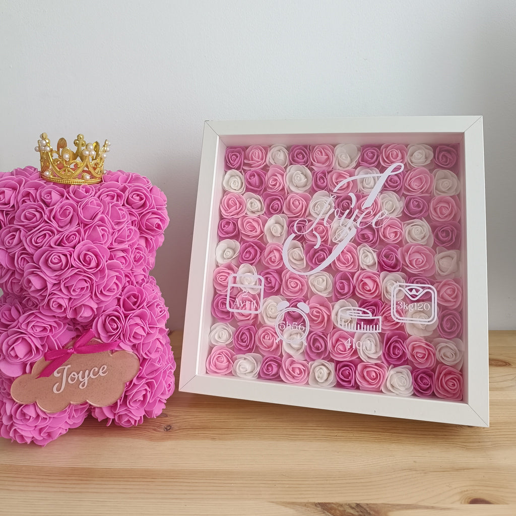 Coffret naissance personnalisé — Cadre roses & Ourson