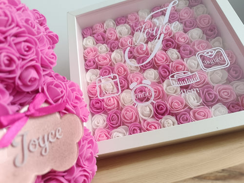 Coffret naissance personnalisé — Cadre roses & Ourson